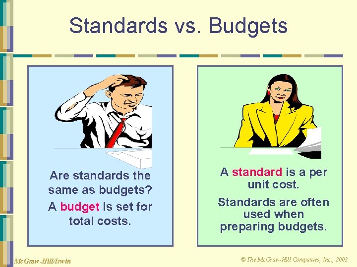 Standards vs. Budgets Are standards the same as budgets? A budget is set for