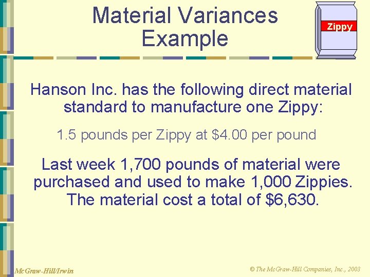 Material Variances Example Zippy Hanson Inc. has the following direct material standard to manufacture