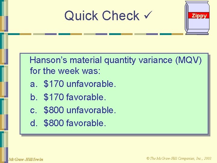 Quick Check Zippy Hanson’s material quantity variance (MQV) for the week was: a. $170