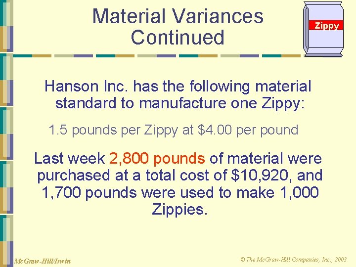 Material Variances Continued Zippy Hanson Inc. has the following material standard to manufacture one