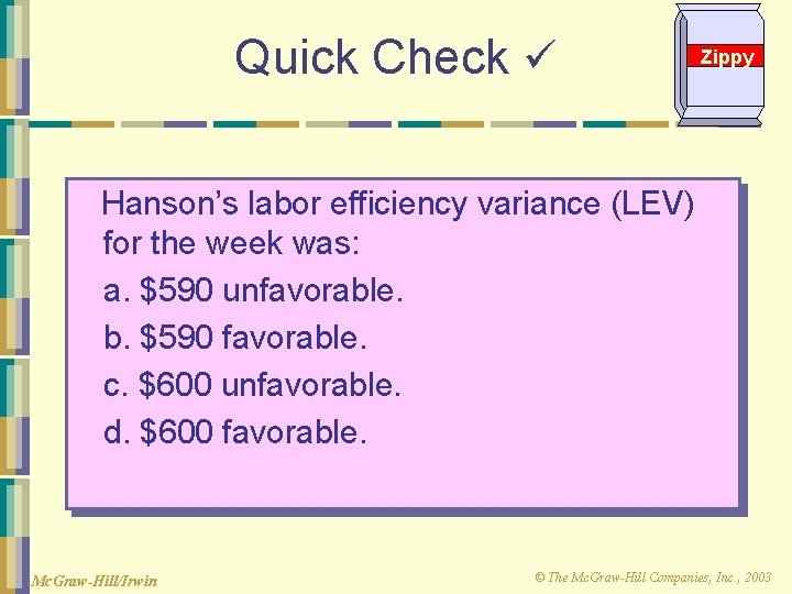 Quick Check Zippy Hanson’s labor efficiency variance (LEV) for the week was: a. $590