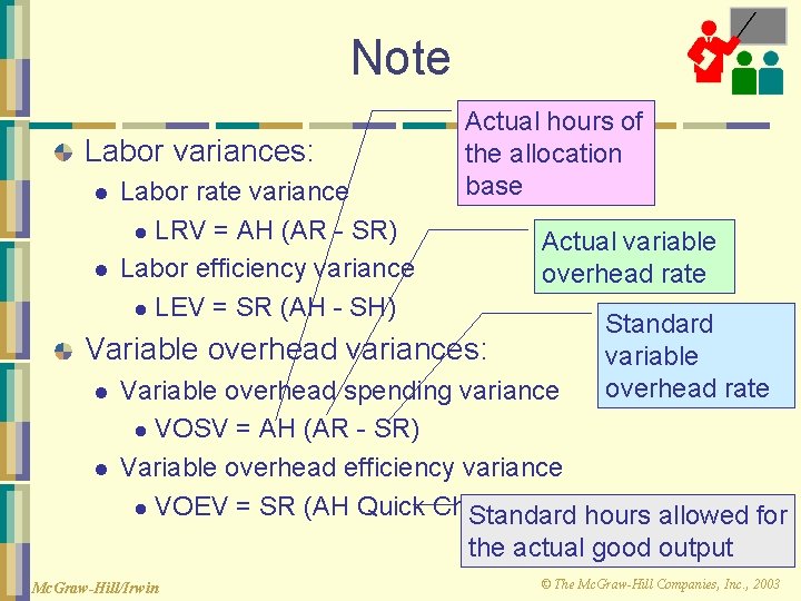 Note Labor variances: l l Labor rate variance l LRV = AH (AR -