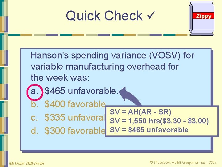 Quick Check Zippy Hanson’s spending variance (VOSV) for variable manufacturing overhead for the week