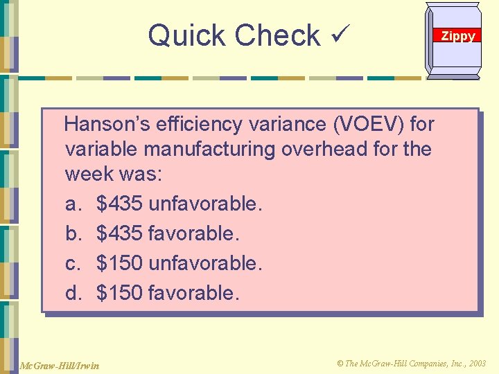 Quick Check Zippy Hanson’s efficiency variance (VOEV) for variable manufacturing overhead for the week