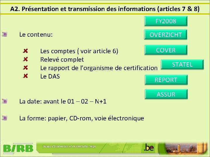 A 2. Présentation et transmission des informations (articles 7 & 8) FY 2008 Le
