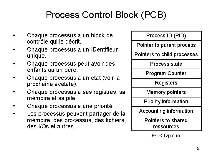 Process Control Block (PCB) • • Chaque processus a un block de contrôle qui