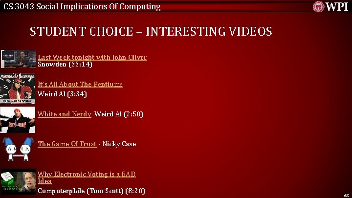 CS 3043 Social Implications Of Computing STUDENT CHOICE – INTERESTING VIDEOS Last Week tonight