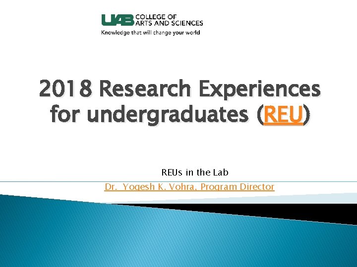 2018 Research Experiences for undergraduates (REU) REUs in the Lab Dr. Yogesh K. Vohra,