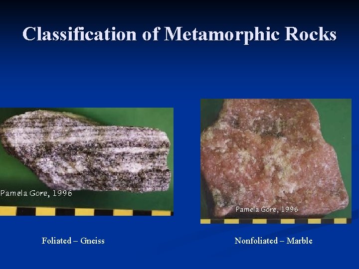 Classification of Metamorphic Rocks Foliated – Gneiss Nonfoliated – Marble 