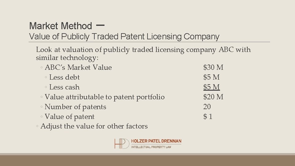 Market Method – Value of Publicly Traded Patent Licensing Company Look at valuation of Market Method – Value of Publicly Traded Patent Licensing Company Look at valuation of