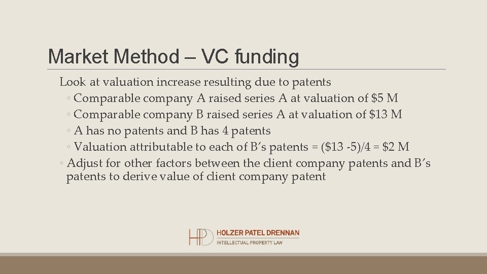 Market Method – VC funding Look at valuation increase resulting due to patents ◦ Market Method – VC funding Look at valuation increase resulting due to patents ◦