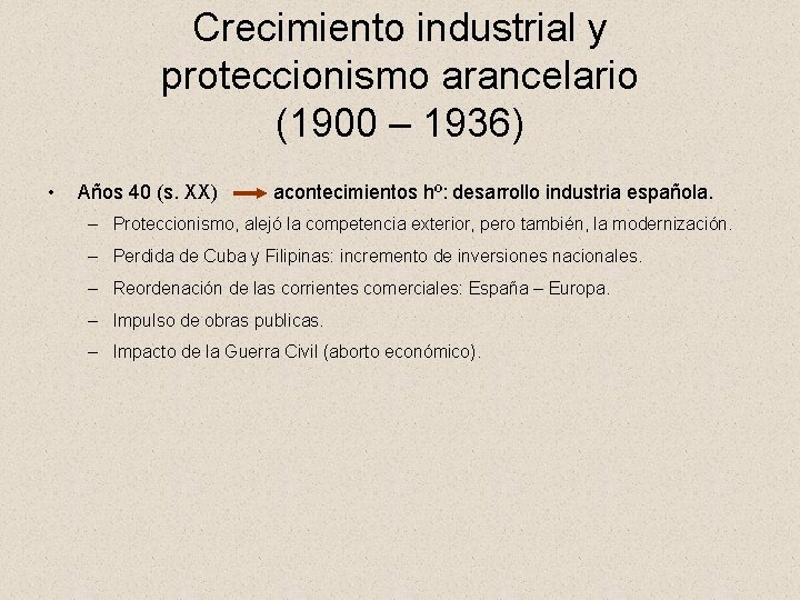 Crecimiento industrial y proteccionismo arancelario (1900 – 1936) • Años 40 (s. XX) acontecimientos