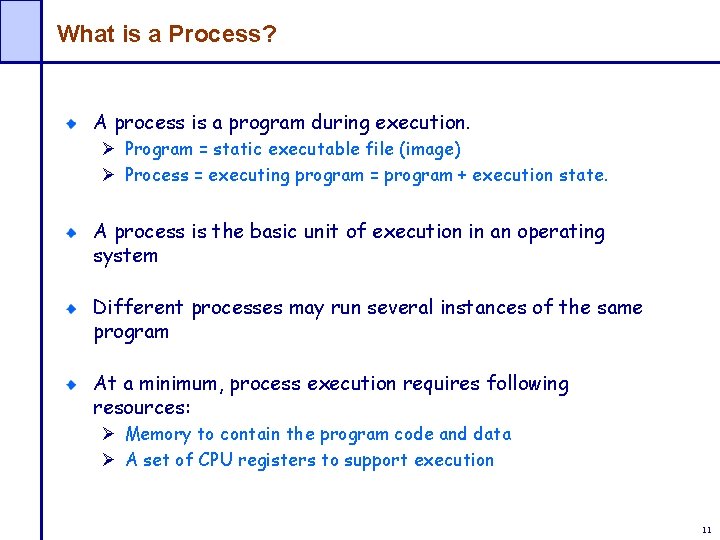 What is a Process? A process is a program during execution. Ø Program =