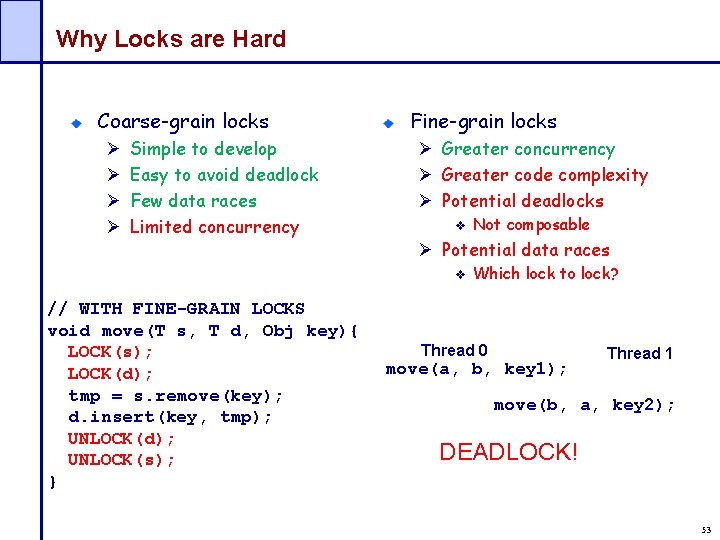 Why Locks are Hard Coarse-grain locks Ø Ø Simple to develop Easy to avoid