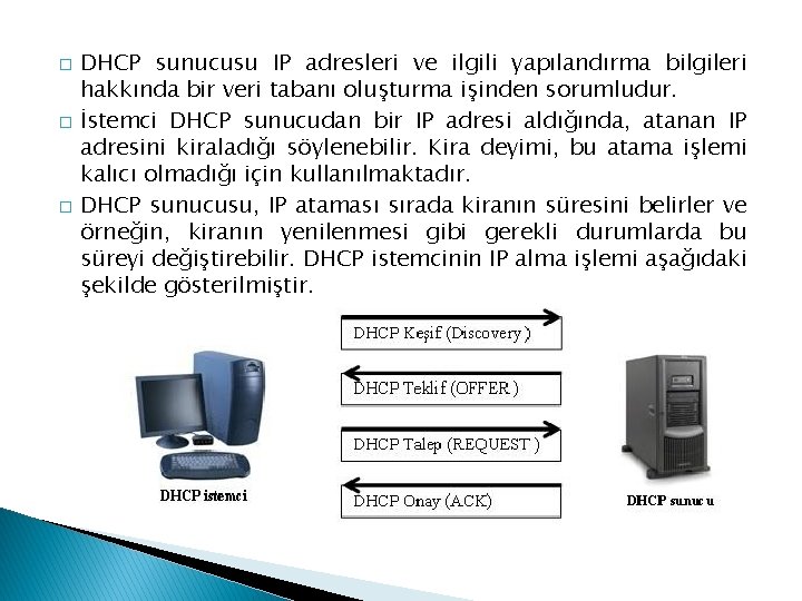 � � � DHCP sunucusu IP adresleri ve ilgili yapılandırma bilgileri hakkında bir veri