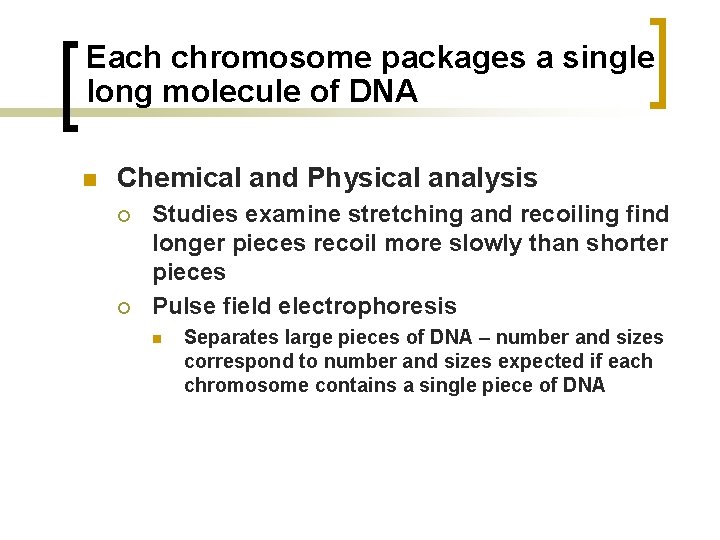 Each chromosome packages a single long molecule of DNA n Chemical and Physical analysis