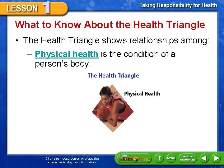 What to Know About the Health Triangle • The Health Triangle shows relationships among: