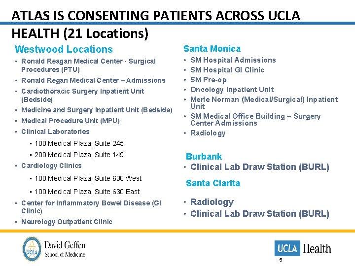 ATLAS IS CONSENTING PATIENTS ACROSS UCLA HEALTH (21 Locations) Westwood Locations Santa Monica •