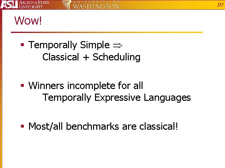 !!! Wow! § Temporally Simple Classical + Scheduling § Winners incomplete for all Temporally