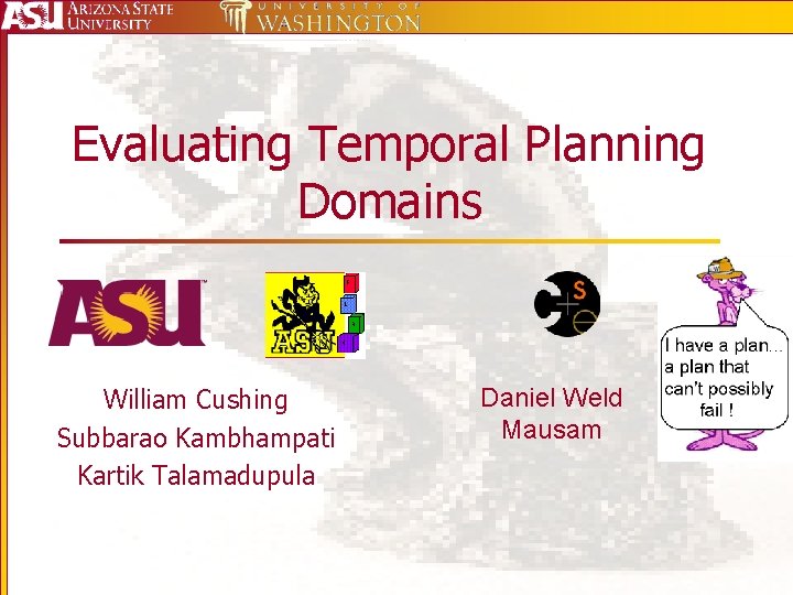 Evaluating Temporal Planning Domains William Cushing Subbarao Kambhampati Kartik Talamadupula Daniel Weld Mausam 