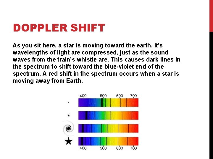 DOPPLER SHIFT As you sit here, a star is moving toward the earth. It’s