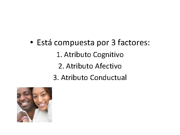  • Está compuesta por 3 factores: 1. Atributo Cognitivo 2. Atributo Afectivo 3.