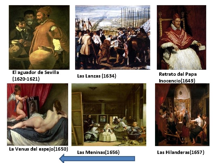 El aguador de Sevilla (1620 -1621) La Venus del espejo(1650) Las Lanzas (1634) Las