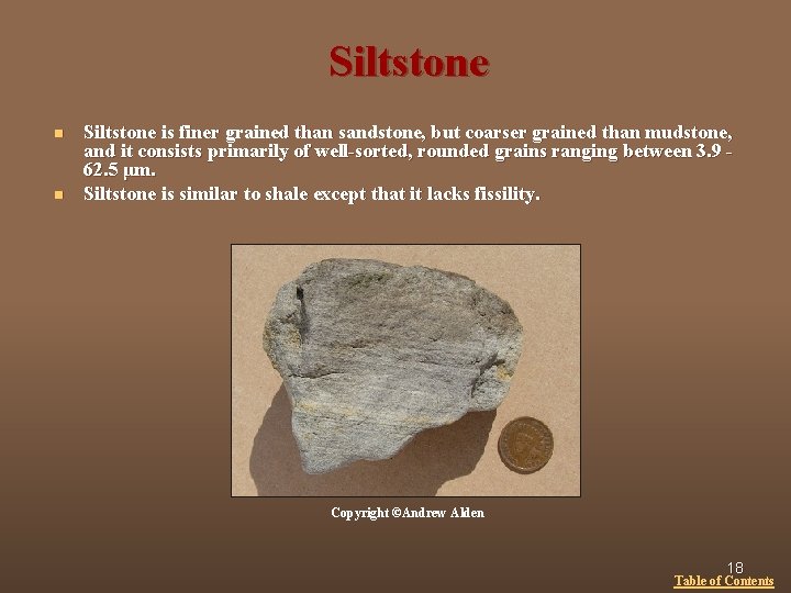 Siltstone n n Siltstone is finer grained than sandstone, but coarser grained than mudstone,