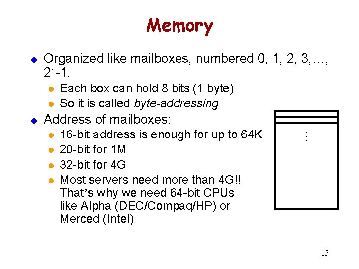 Memory u Organized like mailboxes, numbered 0, 1, 2, 3, …, 2 n-1. l