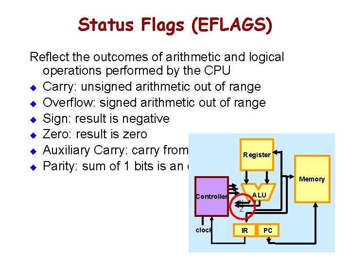 Status Flags (EFLAGS) Reflect the outcomes of arithmetic and logical operations performed by the