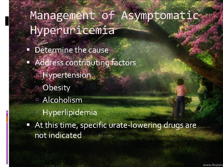 Management of Asymptomatic Hyperuricemia Determine the cause Address contributing factors Hypertension Obesity Alcoholism Hyperlipidemia