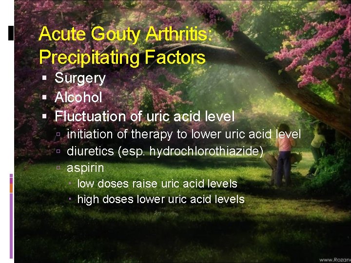 Acute Gouty Arthritis: Precipitating Factors Surgery Alcohol Fluctuation of uric acid level initiation of