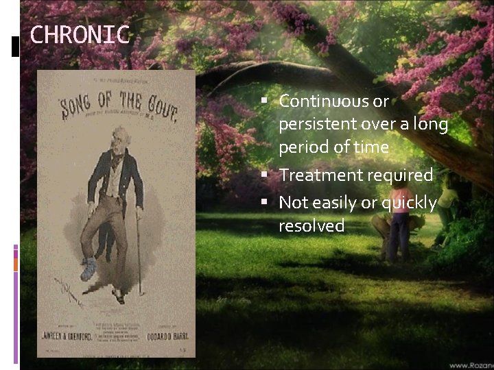CHRONIC Continuous or persistent over a long period of time Treatment required Not easily