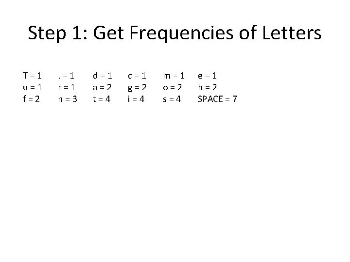 Step 1: Get Frequencies of Letters T=1 u=1 f=2 . =1 r=1 n=3 d=1