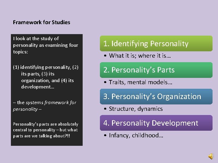 Framework for Studies I look at the study of personality as examining four topics: