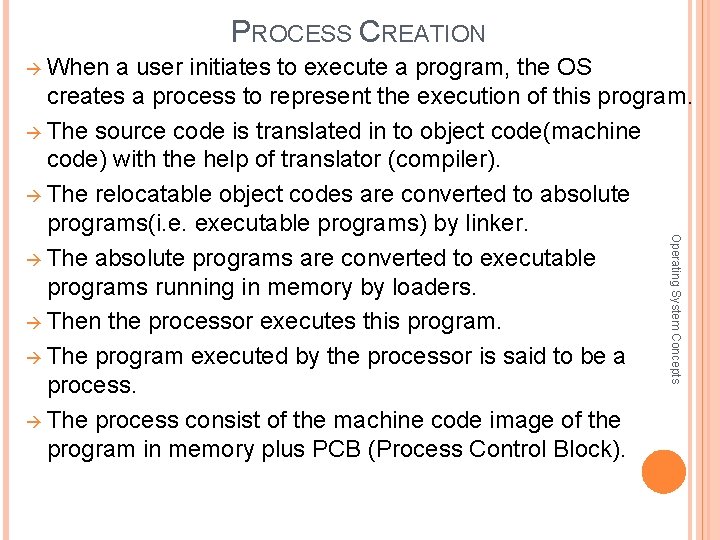 PROCESS CREATION When a user initiates to execute a program, the OS Operating System