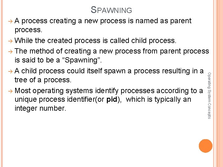 SPAWNING A process creating a new process is named as parent Operating System Concepts