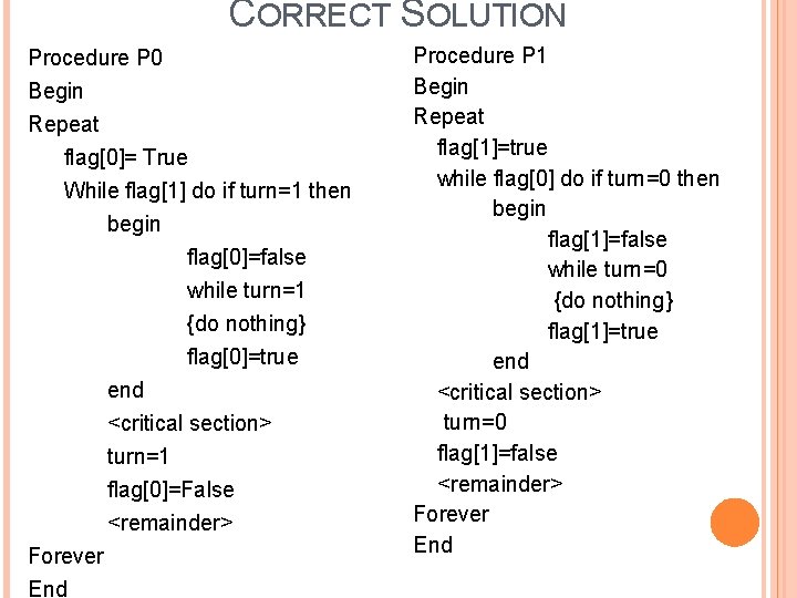 CORRECT SOLUTION Procedure P 0 Begin Repeat flag[0]= True While flag[1] do if turn=1