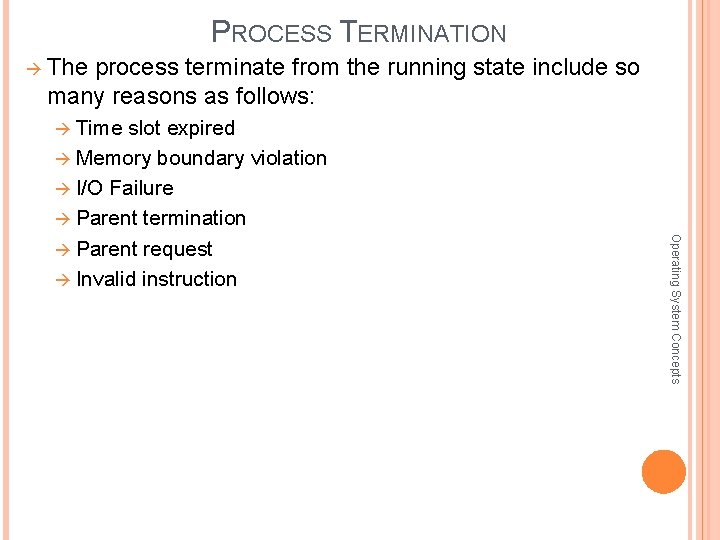 PROCESS TERMINATION The process terminate from the running state include so many reasons as