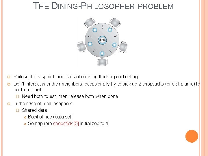 THE DINING-PHILOSOPHER PROBLEM Philosophers spend their lives alternating thinking and eating Don’t interact with