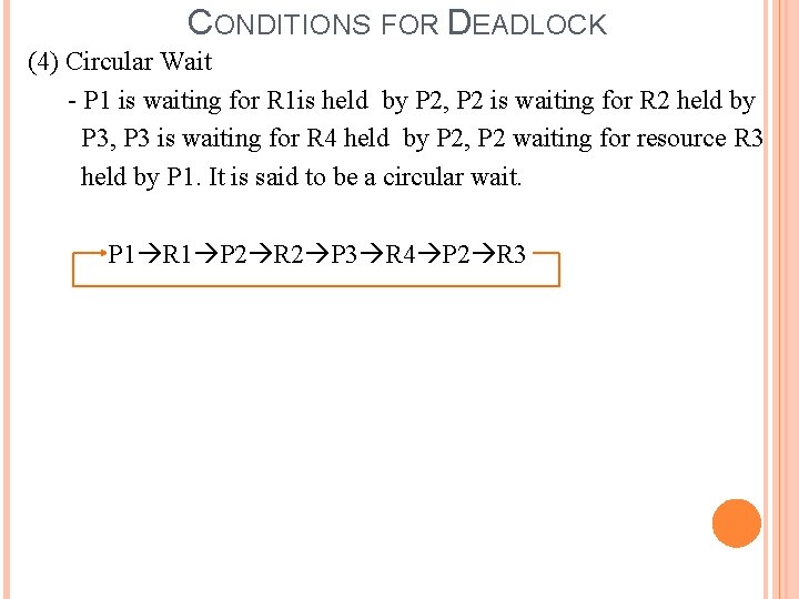 CONDITIONS FOR DEADLOCK (4) Circular Wait - P 1 is waiting for R 1