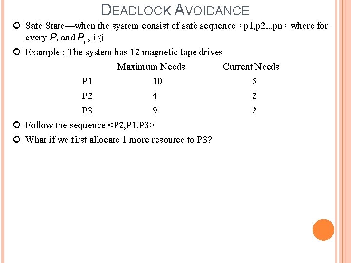 DEADLOCK AVOIDANCE Safe State—when the system consist of safe sequence <p 1, p 2,