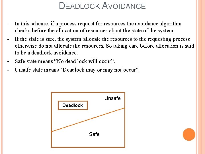 DEADLOCK AVOIDANCE - In this scheme, if a process request for resources the avoidance