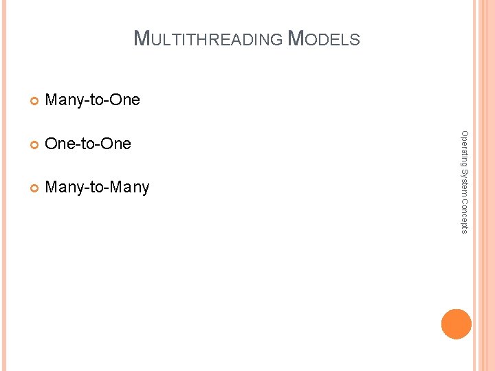 MULTITHREADING MODELS Many-to-One One-to-One Many-to-Many Operating System Concepts 