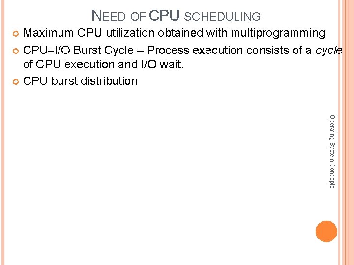 NEED OF CPU SCHEDULING Maximum CPU utilization obtained with multiprogramming CPU–I/O Burst Cycle –