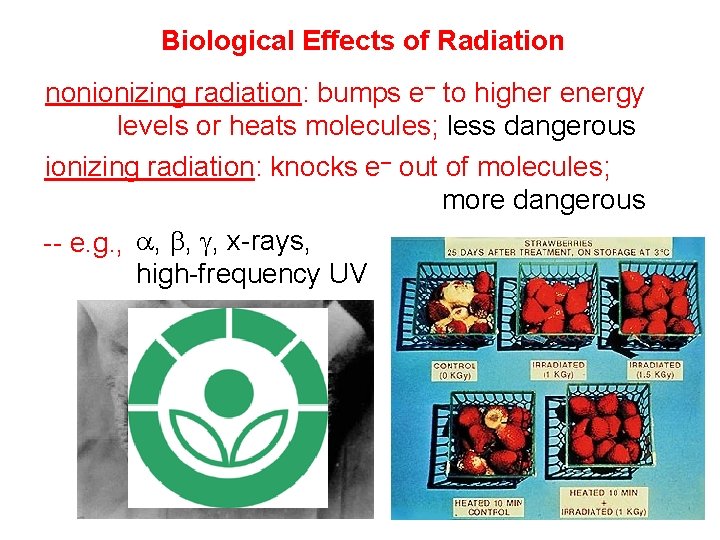 Biological Effects of Radiation nonionizing radiation: bumps e– to higher energy levels or heats