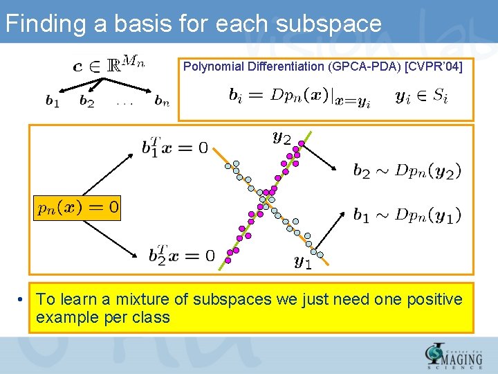 Finding a basis for each subspace Polynomial Differentiation (GPCA-PDA) [CVPR’ 04] • To learn