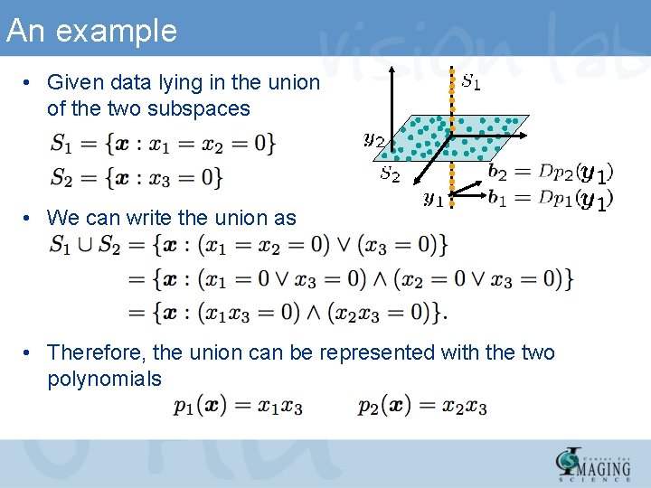 An example • Given data lying in the union of the two subspaces •