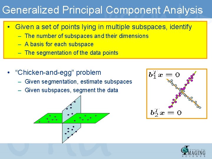 Generalized Principal Component Analysis • Given a set of points lying in multiple subspaces,