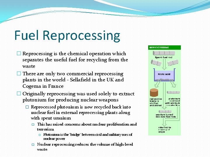 Fuel Reprocessing � Reprocessing is the chemical operation which separates the useful fuel for Fuel Reprocessing � Reprocessing is the chemical operation which separates the useful fuel for